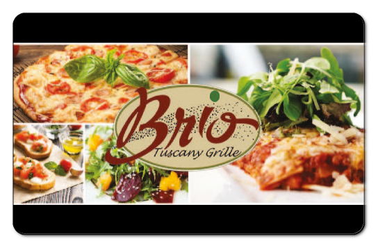 Brio Tuscany Logo over an image of various italion entrees.